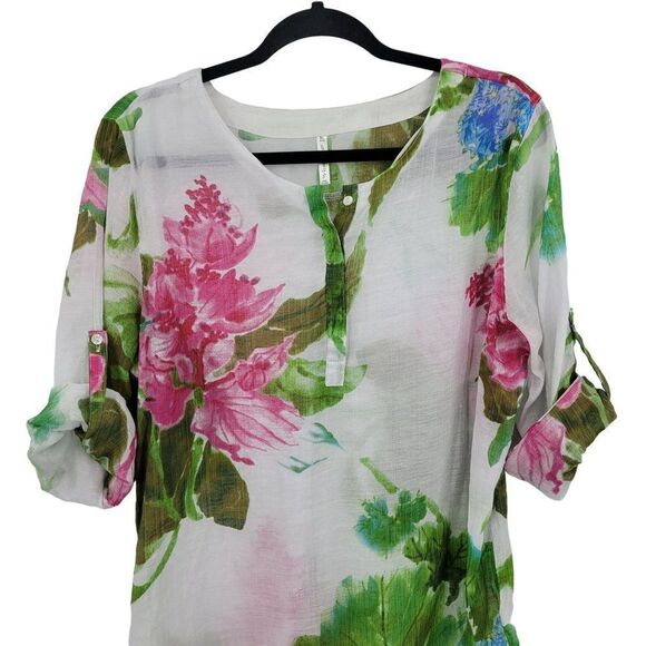 Vintage Tropical Gauze Beach Coverup Top Blouse XL White Floral Tab Sleeve Aloha - Picture 5 of 13